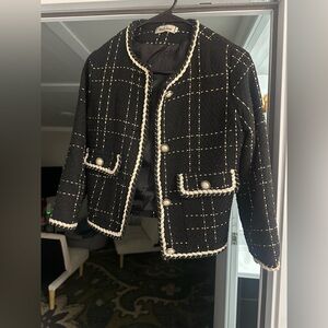 Black and Cream Plaid Jacket with Pearl Buttons